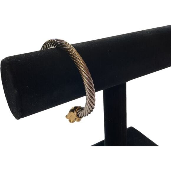 Vintage Gold & Silver Tone Twisted Cuff Bracelet With Blue Stone Flower Ends - Picture 4 of 6